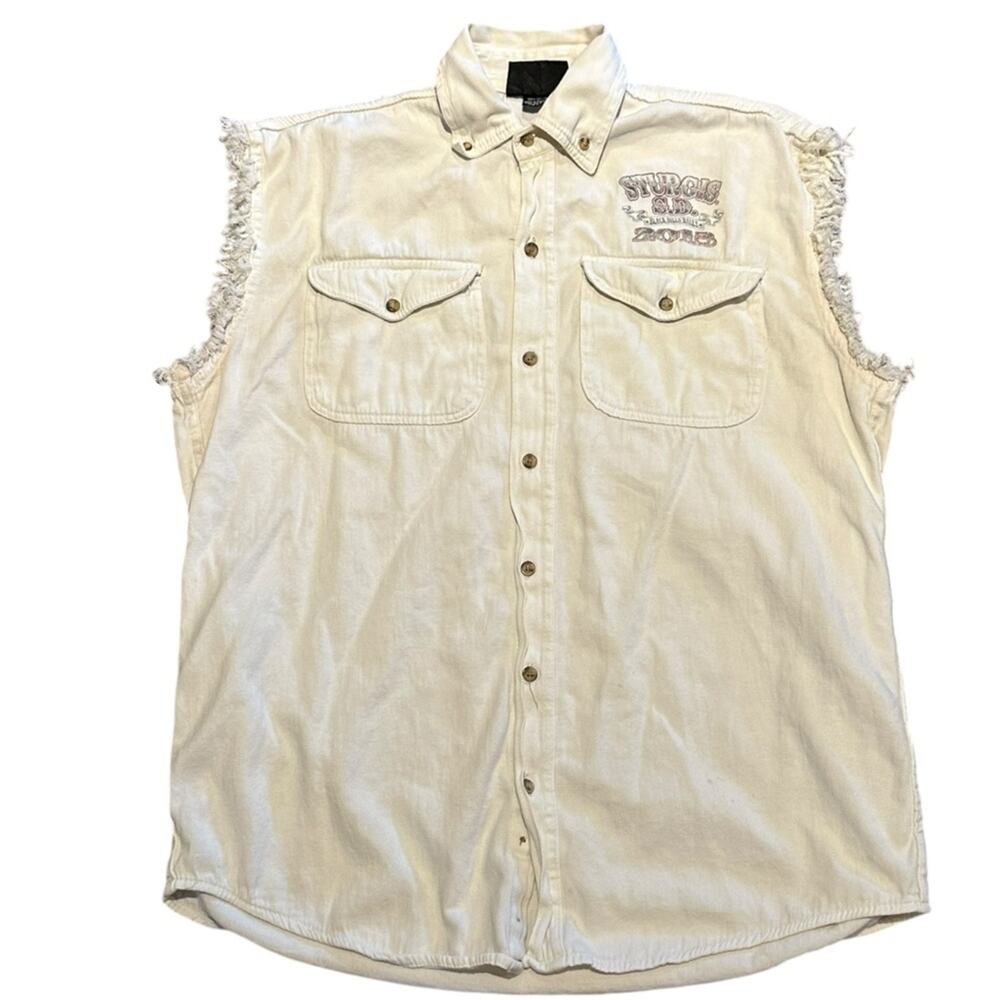 Sturgis Black Hills Rally Men’s Size Large Sleeveless Button Up Shirt in Ivory